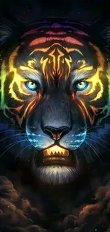 Vibrant neon tiger with glowing eyes, colorful fur, on a dark background.