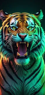 Vibrant neon tiger roaring with glowing colors.