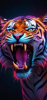 A fierce neon tiger with vibrant colors in a stunning mobile wallpaper.