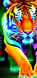 A vibrant neon-colored tiger prowling in a striking design.