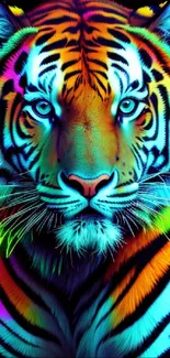 A vibrant, colorful tiger with neon stripes.