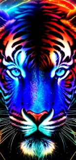 Vibrant neon tiger face with colorful cosmic design.