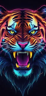 Vibrant neon tiger face in colorful design.