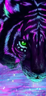 Neon-colored tiger with green eyes on a cosmic-themed mobile wallpaper.