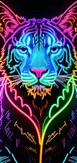 Vibrant neon tiger with glowing outlines on a black background.