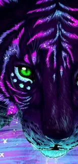 Neon tiger illustration with green eyes and vibrant purple hues.