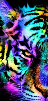 Vibrant neon tiger with colorful stripes on a black background.