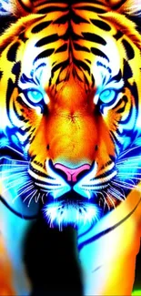 Vibrant neon tiger with bold colors on a mobile phone wallpaper.