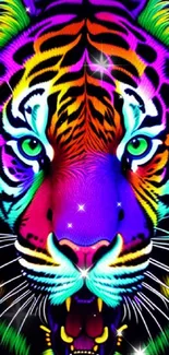 Vibrant neon tiger face in vivid colors against a dark background.