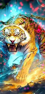 An artistic neon tiger roars in dynamic colors on this vibrant mobile wallpaper.