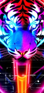 Vibrant neon tiger face with glowing colors.