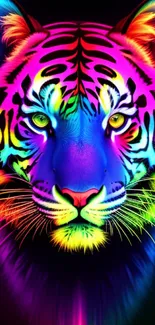 Colorful neon tiger face wallpaper with bold, radiant hues on a dark background.