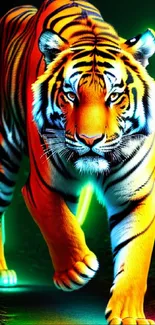 Vibrant neon tiger glowing in the dark jungle setting, vivid and dynamic.