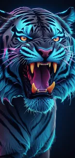 Vibrant neon tiger roaring fiercely in digital artwork.