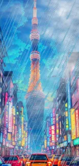 Tokyo street with neon lights and tower in the rain.