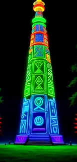 Colorful neon tower art on black background.