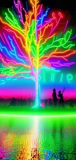 Vibrant neon tree art with colorful reflections on a serene lake.