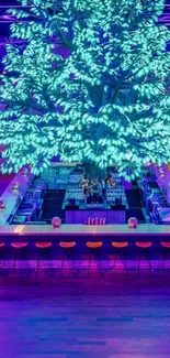 Neon-lit tree above a sleek modern bar.