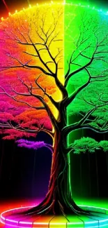 Vibrant neon tree with colorful spectrum in digital art wallpaper.