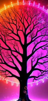 Vibrant neon tree with a magenta glow and intricate branches on a dark background.