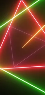 Vibrant neon triangle wallpaper with glowing lines forming geometric patterns.