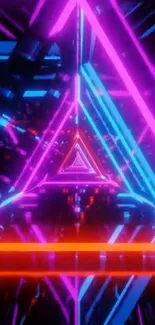 Vibrant neon triangle art with magenta, blue, and red hues.