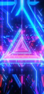 Neon triangle design in vibrant blue and pink hues for a phone wallpaper.