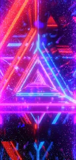 Neon triangle with vibrant pink and blue lights on dark background.