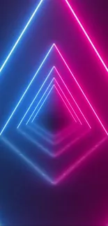 Dynamic neon triangle tunnel in pink and blue.