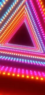Vibrant neon triangle tunnel with colorful lights.