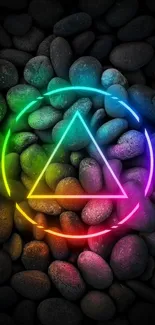 Neon triangle on pebbles phone wallpaper.