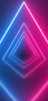 Neon triangle wallpaper with vibrant pink and blue lights reflecting symmetrically.