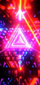 Vibrant neon triangle wallpaper with dynamic red and blue lights creating a futuristic effect.