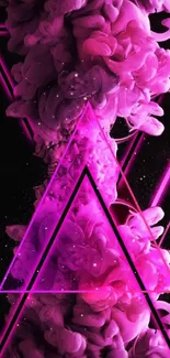 Vibrant neon triangle with pink smoke on black background.