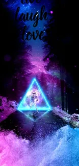 Neon triangle in a cosmic forest with vibrant colors and 'live laugh love' text.