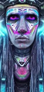 Neon tribal face with vibrant blue and pink hues in a digital art style.