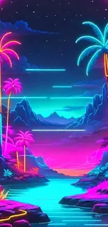 Vibrant neon tropical landscape with palm trees and river at twilight.