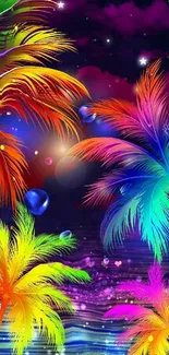 Vibrant neon tropical palm trees under a starry night sky with colorful hues.