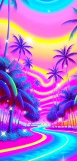 Neon pink and yellow tropical paradise with palm trees and vivid skies.