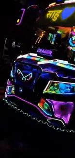 Vibrant neon-lit truck with colorful artistic design.