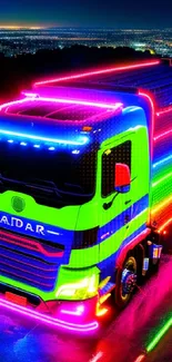 Vibrant neon-lit truck with colorful lights on a city road at night.