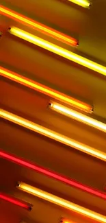 Vibrant yellow and orange neon tube lights on a wall.