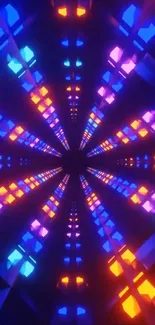 Vibrant neon tunnel with purple and orange hues.