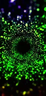 Neon green tunnel with vibrant particles, creating a mesmerizing effect.