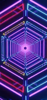 Vibrant neon tunnel wallpaper with geometric design.