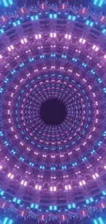 Vibrant neon tunnel wallpaper with purple and blue lights.