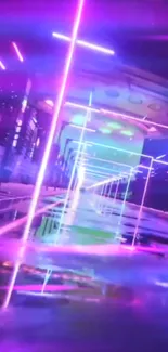 Futuristic neon tunnel with vibrant pink and purple lights.