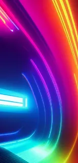 Vibrant neon wallpaper with dynamic light streaks in tunnel design.