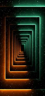 Vibrant neon tunnel wallpaper in green and orange hues with abstract pattern.