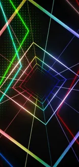 Neon tunnel wallpaper with multicolored geometric lines on a dark background.